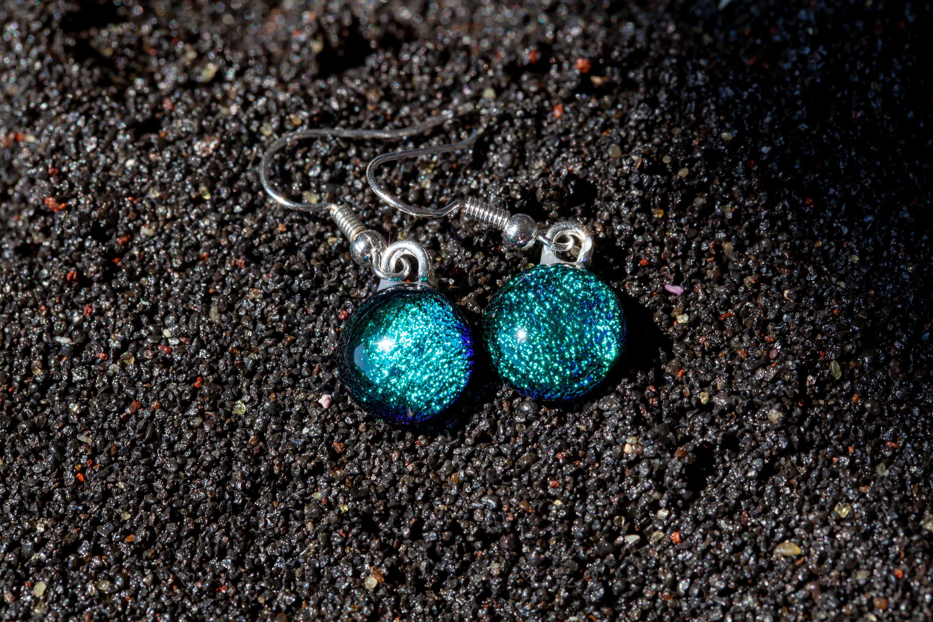 Handmade Teal Fused Glass Drop Earrings | Sparkling Jewellery Dichroic Silver Plated