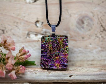 Dichroic Glass  Pattern  Pendant Necklace: Sparkling Pink Art Glass