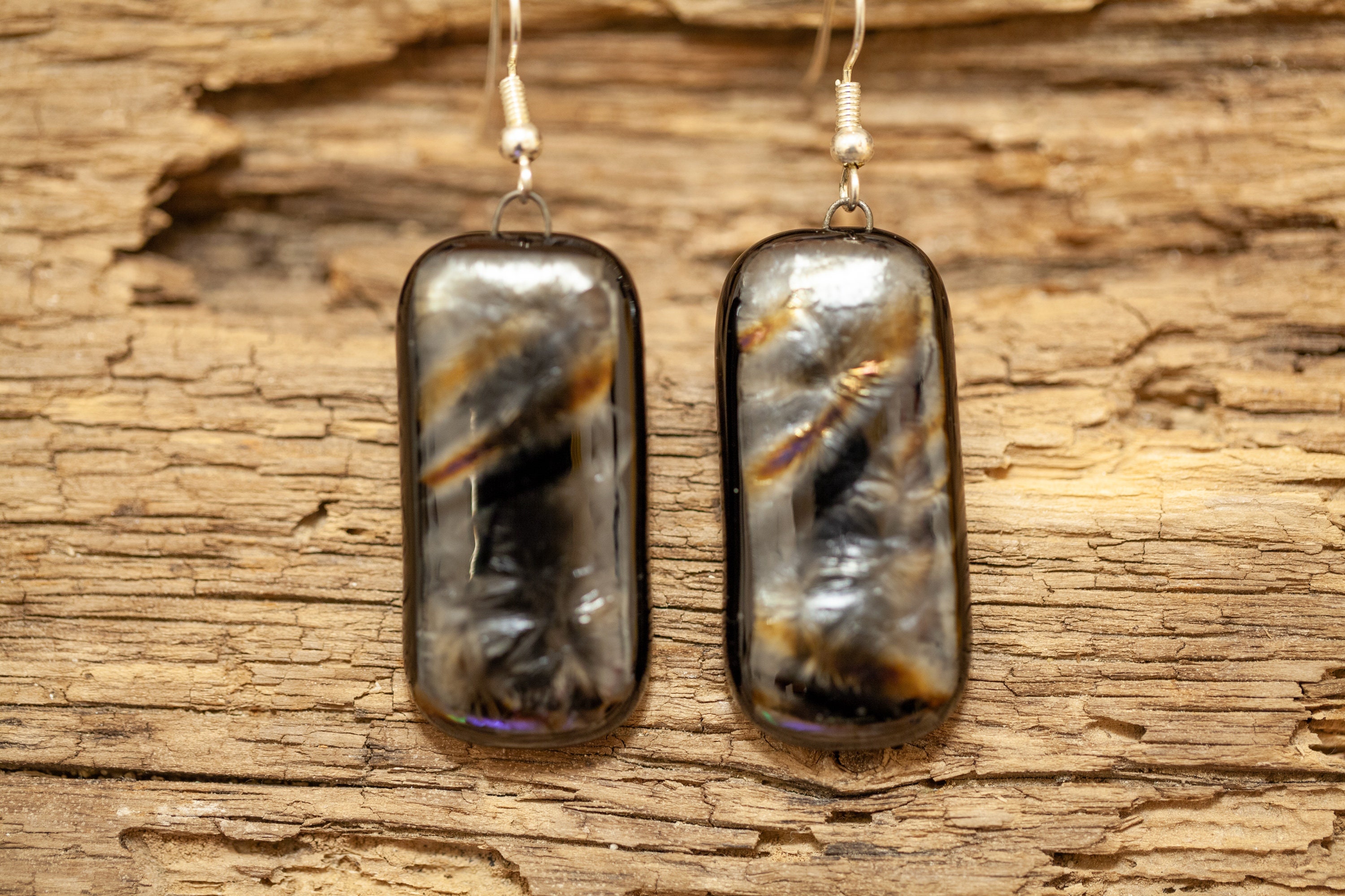 Beautiful Black Iridized Handmade Fused Glass Dangle Earrings