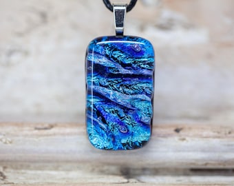 Fused Glass Necklace, Blue, Turquoise Dichroic Glass Pendant, One of a Kind Jewellery