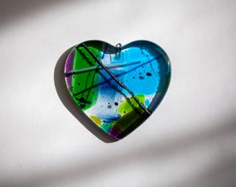 Colourful Fused Glass Heart Suncatcher | Handmade Abstract Style Heart Ornament