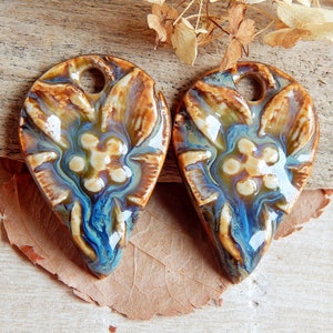 Flower drop charms, oval ceramic components, bohemian charms, artisan rustic jewelry findings