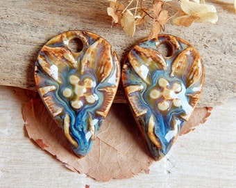 Flower drop charms, oval ceramic components, bohemian charms, artisan rustic jewelry findings