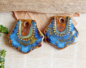 Tribal earring charms, ethnic earring findings, pair ceramic jewelry charms, handcrafted boho components, rustic dangle charms