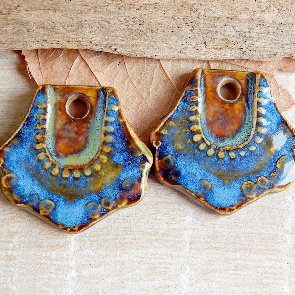 Tribal earring charms, ethnic earring findings, pair ceramic jewelry charms, handcrafted boho components, rustic dangle charms