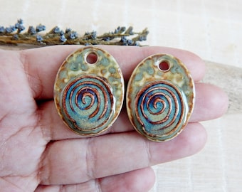 Spiral oval ceramic charms, Artisan rustic pendants, Pair handmade porcelain components, Boho findings to make earrings, Ceramic beads