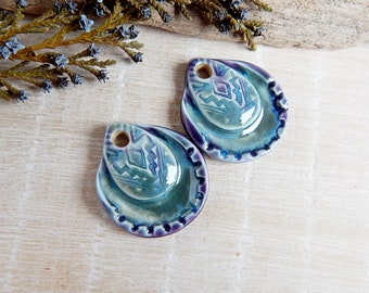 Boho drop charms for making jewelry, 2pcs Handmade purple earring pendants, Handcrafted unique boho findings, Porcelain beads for DIY