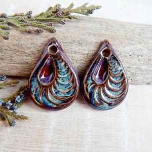 Rustic teardrop ceramic charms, 2 pcs Artisan boho pendants, Handmade drop components for making jewelry, Dangle ceramic beads