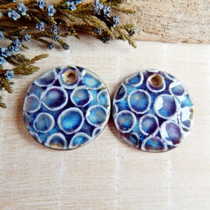 Purple round artisan jewelry charms, Handcrafted organic ceramic pendants, 2pcs boho rustic findings for making earrings, Porcelain beads