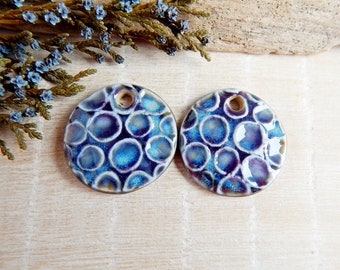 Purple round artisan jewelry charms, Handcrafted organic ceramic pendants, 2pcs boho rustic findings for making earrings, Porcelain beads