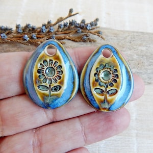Handmade blue teardrop charms of ceramic for making earrings, 2 pcs Porcelain floral components, Artisan nature jewelry findings