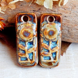 Artisan wildflower earring charms, Nature ceramic pendants, Rustic long findings for making jewelry, Pair handmade earthy components