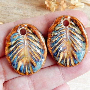 Nature inspired charms,  leaves earrings supplies, oval jewelry components, artisan charms of ceramic