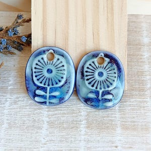 Pop floral earring charms, Artisan ceramic flower components, 2 pcs Handcrafted blue artisan pendants, Porcelain ceramic beads