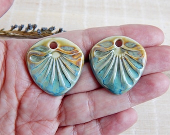 Artisan boho ceramic charms, Handmade porcelain jewelry findings, 2pcs unique pendants to make earrings, Handcrafted craft component for DIY