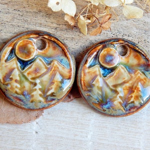 Mountains round artisan charms, Ceramic earring findings, Handmade landscape components for jewelry making, Pair handcrafted dangle focal