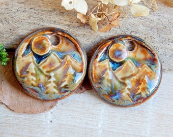 Mountains round artisan charms, Ceramic earring findings, Handmade landscape components for jewelry making, Pair handcrafted dangle focal