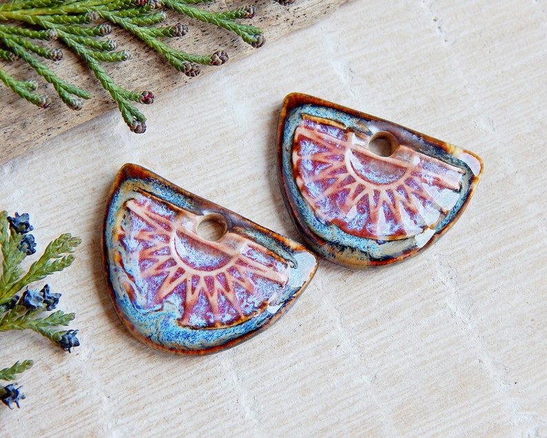 Pair boho components for making earrings, Artisan jewelry charms of ceramic, Handmade dangle findings, Handcrafted rustic pendants porcelain image 2