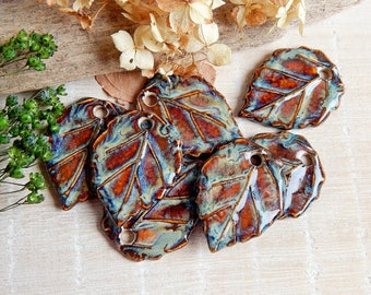 1pc Realistic ceramic leaf pendant, Artisan large leaf bead necklace, Nature charm findings for jewelry making, Rustic leaves  focal bead