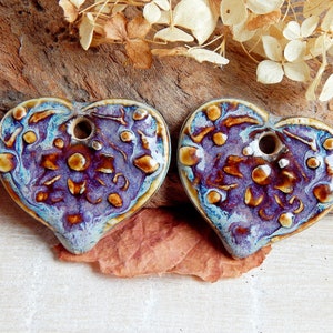 Purple heart ceramic charms, 2pcs rustic flower pendants, dangle earring findings, large boho jewelry making supplies, porcelain charms image 1