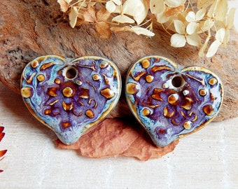 Purple heart ceramic charms, 2pcs rustic flower pendants, dangle earring findings, large boho jewelry making supplies, porcelain charms