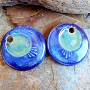 Round handcrafted earring charms, Pair dangle ceramic beads, Boho ceramic pendant for making jewelry, 2 pcs handmade blue focal image 6