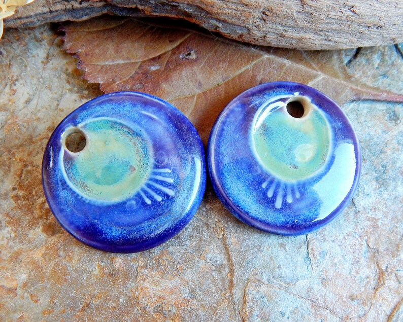 Round handcrafted earring charms, Pair dangle ceramic beads, Boho ceramic pendant for making jewelry, 2 pcs handmade blue focal image 6