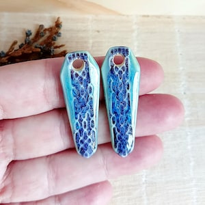 Blue geometric ceramic charms, 2pcs Boho artisan pendants, Handmade rustic findings to make earrings, Porcelain unique jewelry components