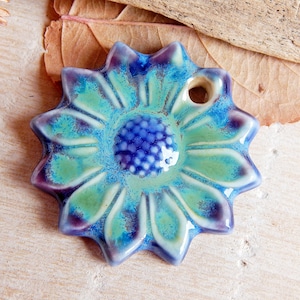 Blue flower necklace pendant of ceramic, Nature large charm for making jewelry, Handmade Boho focal for DIY, Artisan components, Art beads