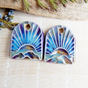 Artisan domed sun charms, 2pcs Mountain ceramic charms for jewelry making, Handcrafted landscape earring findings, Purple porcelain charms image 4