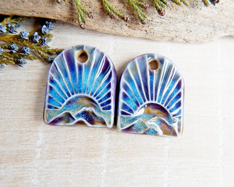 Artisan domed sun charms, 2pcs Mountain ceramic charms for jewelry making, Handcrafted landscape earring findings, Purple porcelain charms image 4