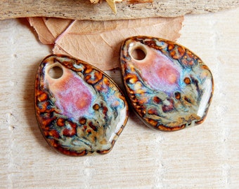 Drop ceramic earring charms, earthy pendants to jewelry making, boho artisan findings, large pottery beads of boho style, handcrafted charms