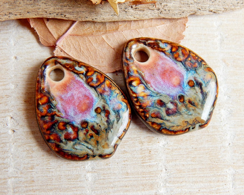 Drop ceramic earring charms, earthy pendants to jewelry making, boho artisan findings, large pottery beads of boho style, handcrafted charms image 1