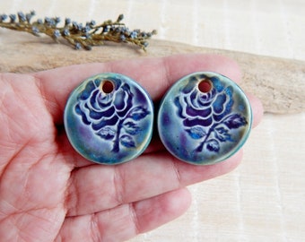 Artisan rose ceramic charms, 2pcs Handcrafted floral porcelain pendants, Round boho findings for making jewelry, Handmade dangle art beads