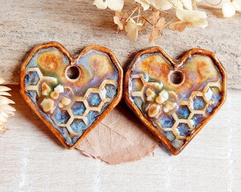 Honeycomb and Bee Charms, Honey Bee Pendants Necklace, Heart Artisan components, Ceramic Jewelry Charms