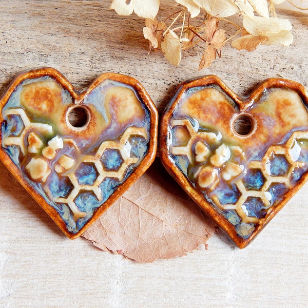 Honeycomb and Bee Charms, Honey Bee Pendants Necklace, Heart Artisan components, Ceramic Jewelry Charms