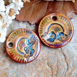 Clouds round earring charms, Pair boho ceramic charms, Artisan circle sun components, Handmade unique findings for making jewelry image 2