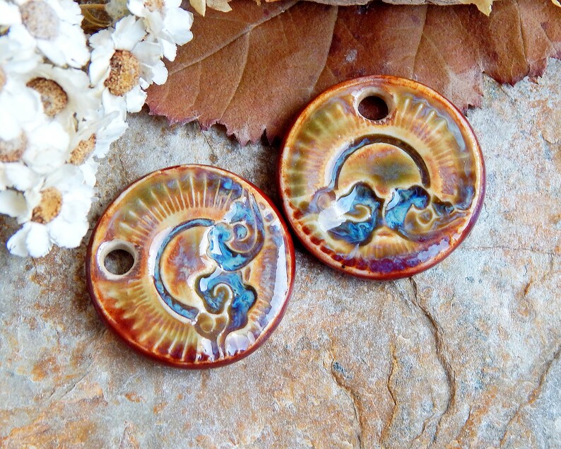 Clouds round earring charms, Pair boho ceramic charms, Artisan circle sun components, Handmade unique findings for making jewelry image 2