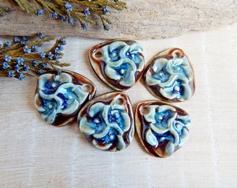 Handcrafted ceramic flower charm pendant for necklace making, Artisan nature inspired jewelry components, Unique boho porcelain components