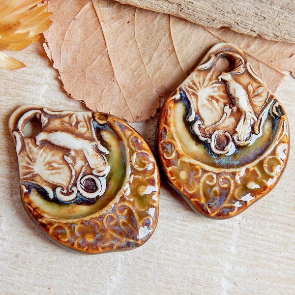 Bird ceramic charms, 2 pcs artisan earthy pendants, rustic handmade findings to make jewelry, carved organic focal, porcelain beads