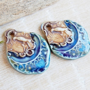 Bird ceramic charms, 2pcs Artisan boho pendants for making jewelry, Handmade nature earring findings, Handcrafted animal charms of porcelain