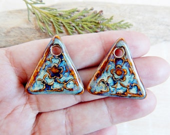 Triangle earring charms of ceramic, 2 pcs artisan floral charms, Handmade boho findings for making jewelry, Porcelain earring components