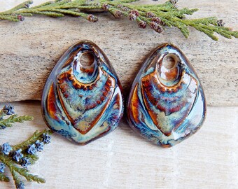 Drop rustic charms, 2 Earthy ceramic pendants, Artisan boho findings, Porcelain earring components, Hand painted art beads
