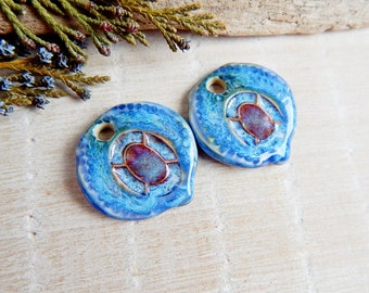 Handmade rustic charms for earrings, Boho ceramic pendants for jewelry, Artisan porcelain components, Handcrafted blue findings