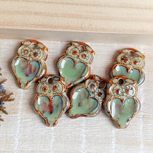 1 Owl ceramic pendant, Artisan barn owl charm for making necklace, Nature boho jewelry findings, Rustic forest animal charm of porcelain image 2