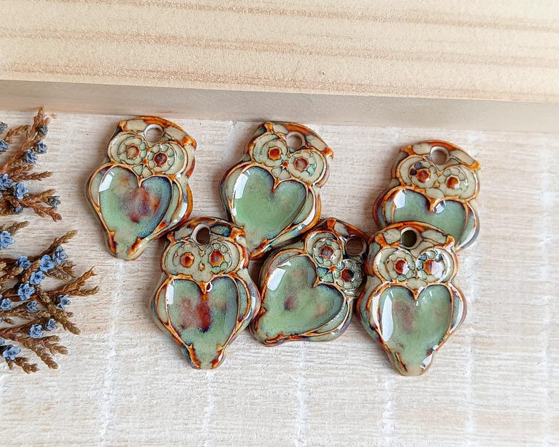 1 Owl ceramic pendant, Artisan barn owl charm for making necklace, Nature boho jewelry findings, Rustic forest animal charm of porcelain image 2
