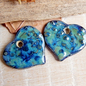 Handmade ceramic heart charms, Pair flower pendants, Dangle purple necklace findings, Boho jewelry making supplies, Big ceramic beads image 3