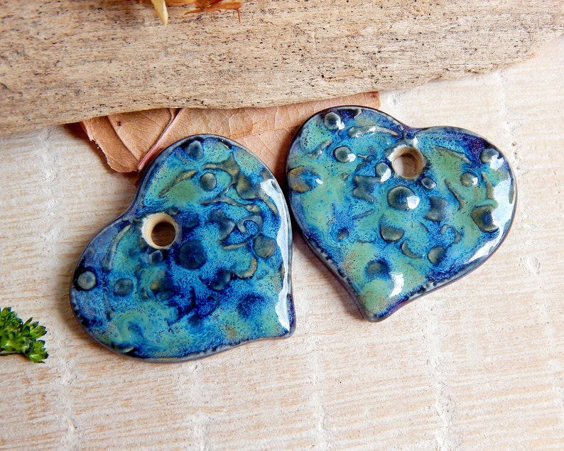 Handmade ceramic heart charms, Pair flower pendants, Dangle purple necklace findings, Boho jewelry making supplies, Big ceramic beads image 3