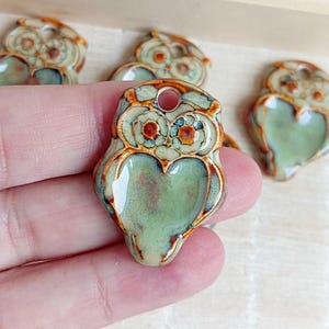 1 Owl ceramic pendant, Artisan barn owl charm for making necklace, Nature boho jewelry findings, Rustic forest animal charm of porcelain image 1