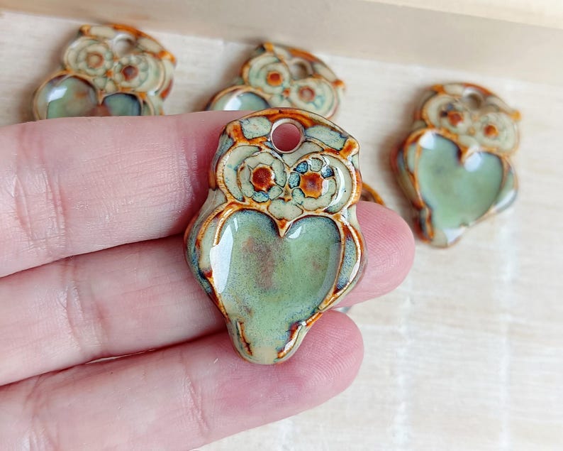 1 Owl ceramic pendant, Artisan barn owl charm for making necklace, Nature boho jewelry findings, Rustic forest animal charm of porcelain image 1